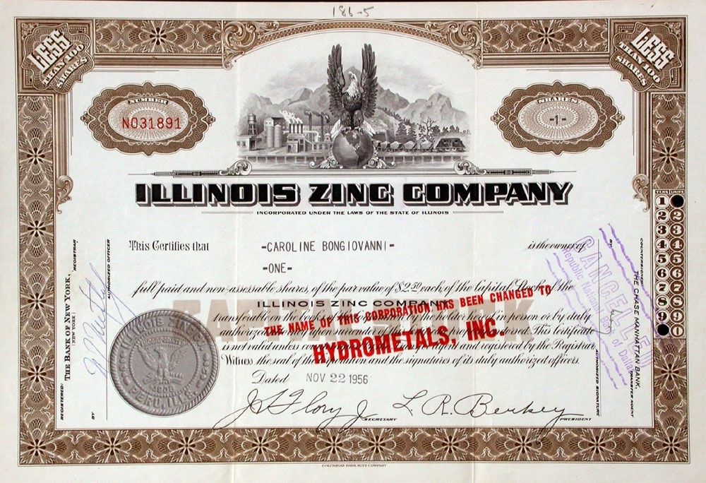 Documenti: Illinois Zinc Company - 1957 – Usato da Solothurn venduto da Sgasche