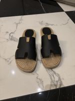 Black Hermes leather slides with espadrille sole size 38