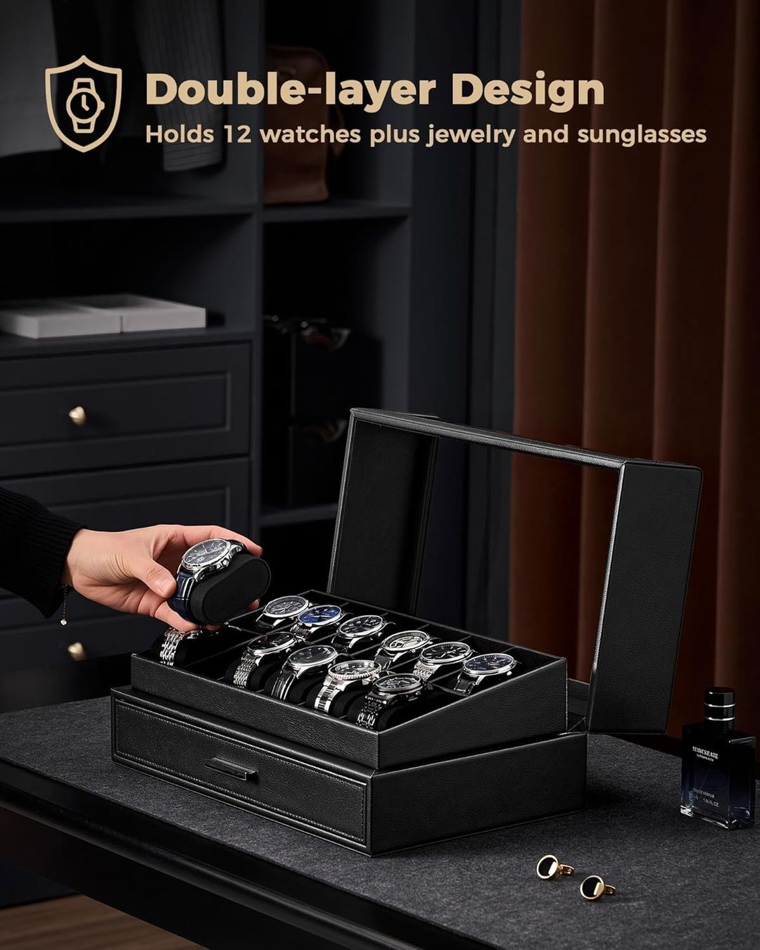 Scatole porta orologi: Uhrenbox 12 Fächer mit Schublade Glasdeckel schwarz – Nuovo e nell'imballaggio originale da Wittenbach venduto da SELVARO 5