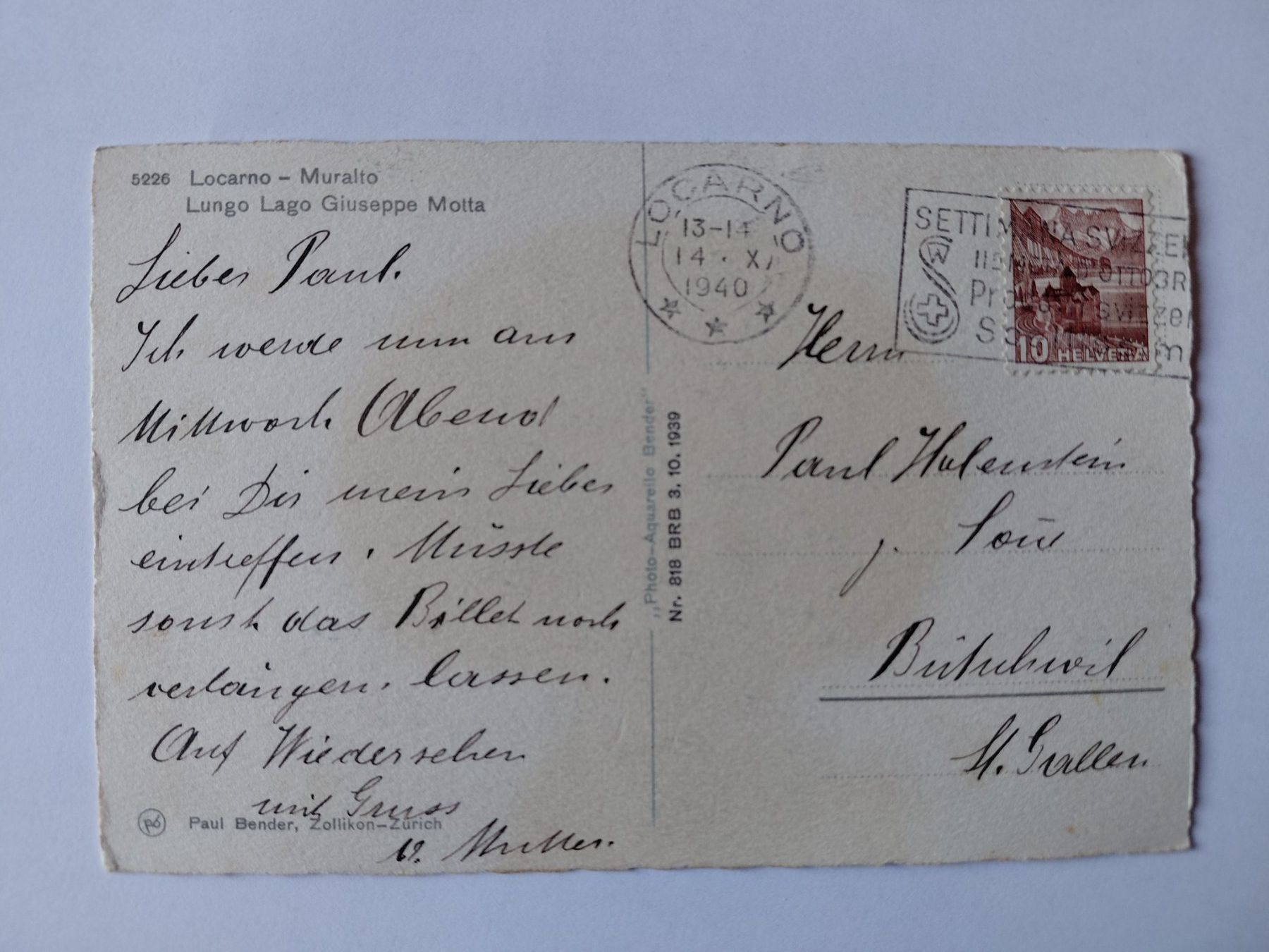 Cartoline postali: Alte Ansichtskarte Locarno, Lago Giuseppe, 1940, – Usato da Wattwil venduto da yburgler 1
