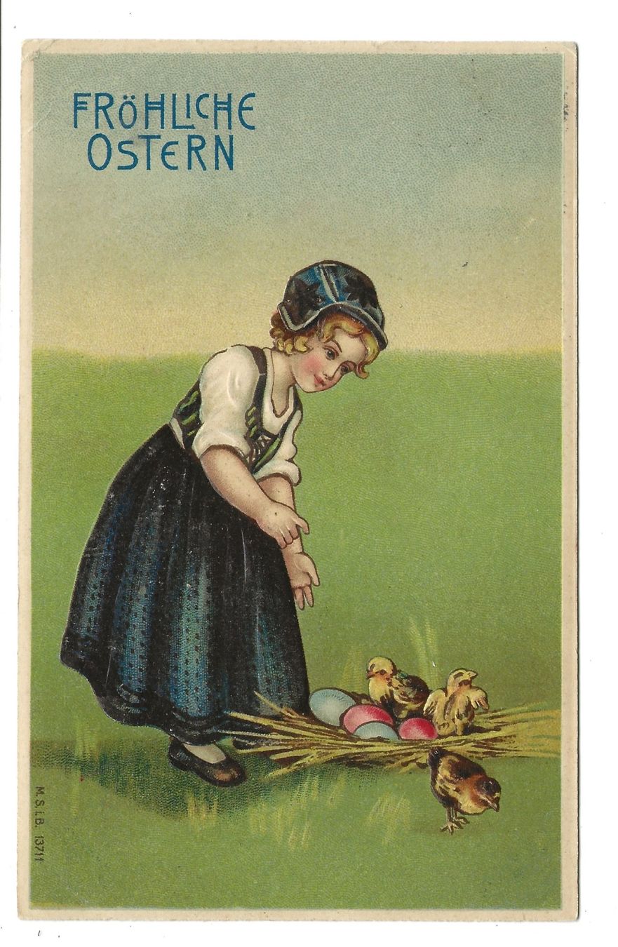 Cartoline postali: Fröhliche Ostern - Mädchen - Küken - Eier - Präge-Litho 1908 – Usato da Engelburg venduto da Cartophil