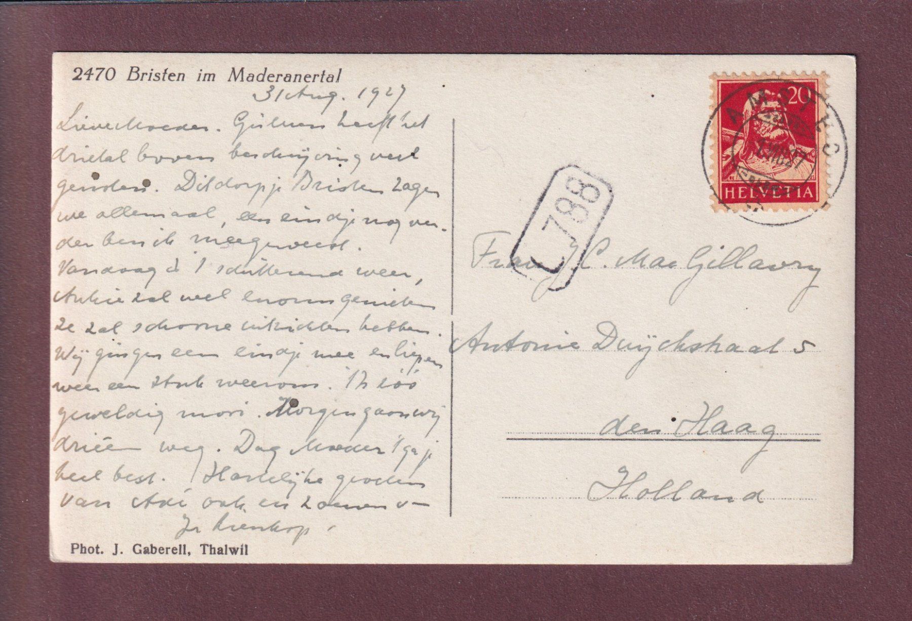 Cartoline postali: BRISTEN - Maderanertal - 1927 – Usato da Pully venduto da nicecards 1