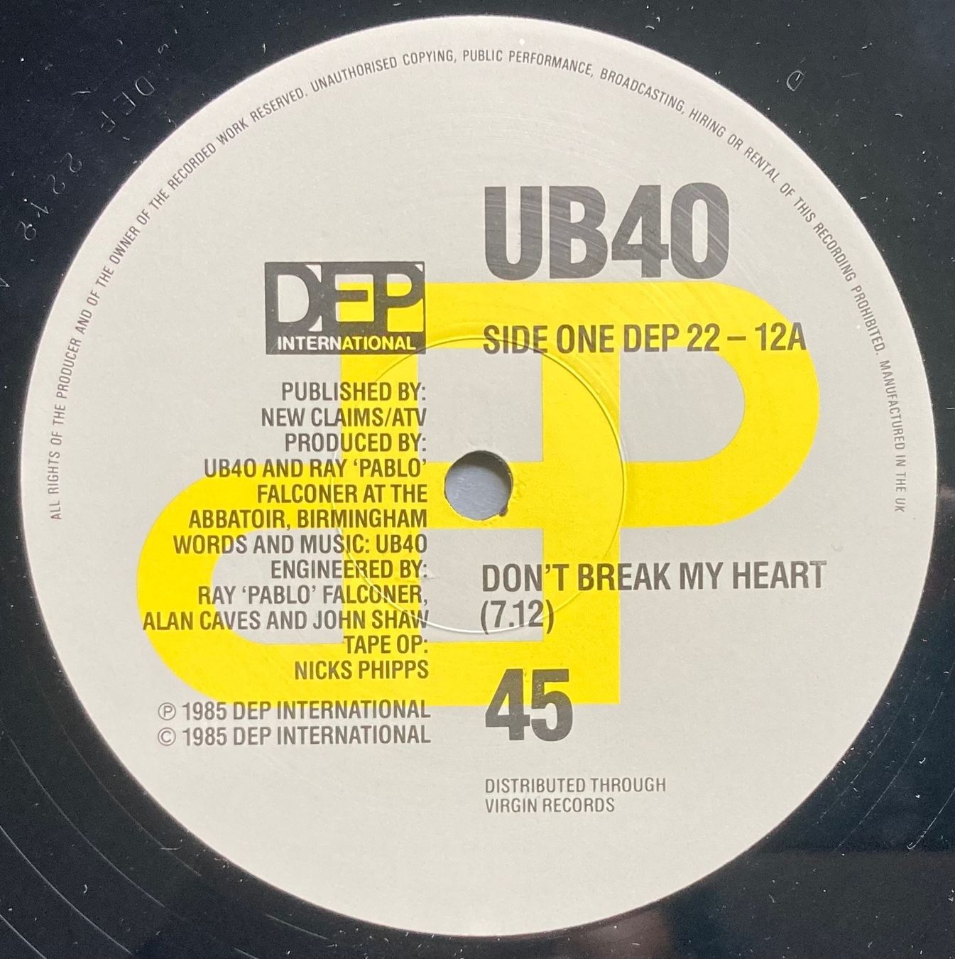 Vinyles: UB40 - DON'T BREAK MY HEART – D'occasion à Poliez-Pittet par Newtown-Records 2