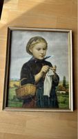 Antikes Lithografie: Strickendes Mädchen in Goldrahmen, 1927