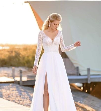 Brautkleid langarm Spitzenoberteil V-Ausschnitt neuwertig