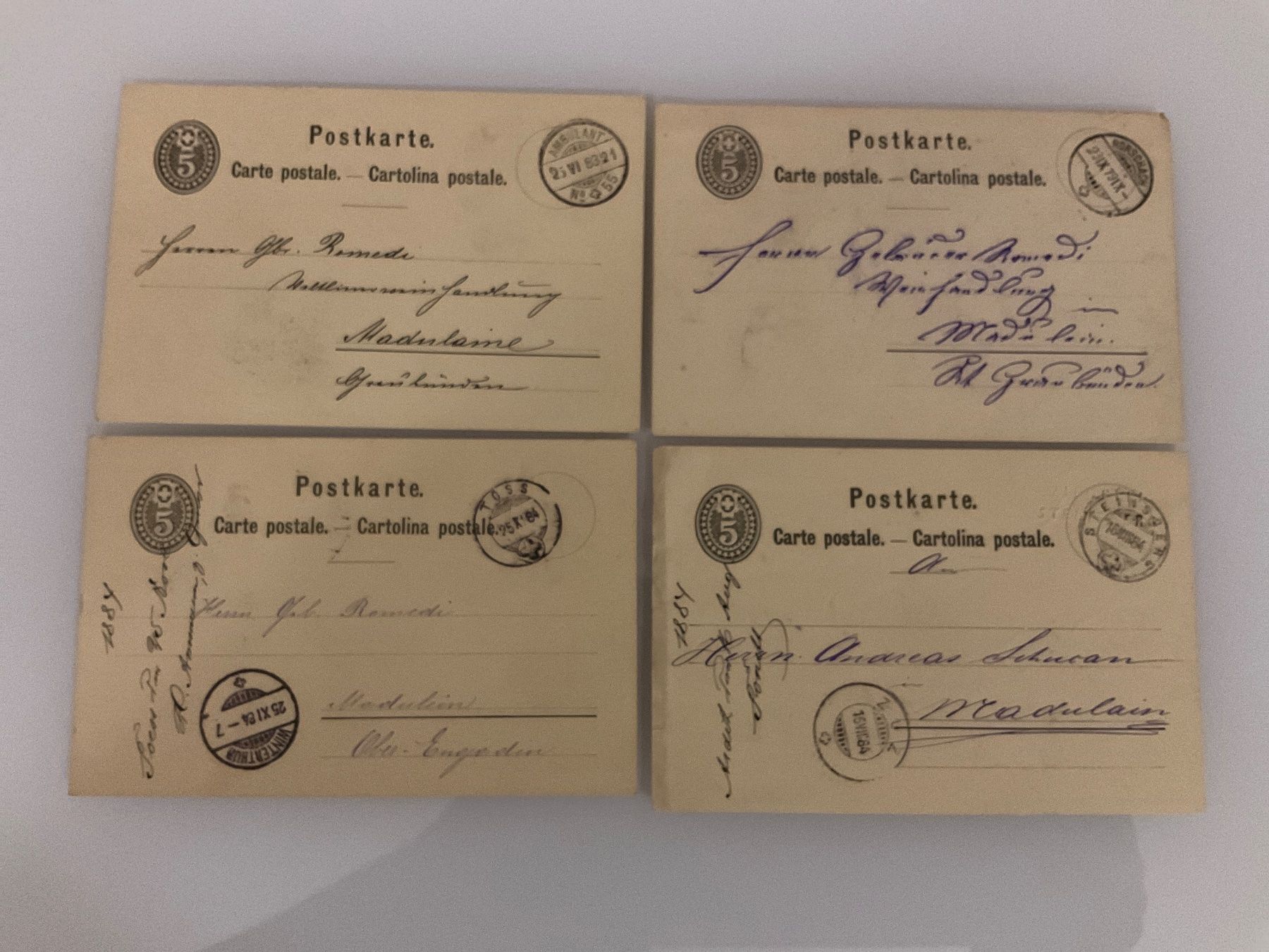Alle Briefmarken: 1879 - 84, 4x 5Rp. Postkarten versch. Schweizer Ortschaften – Gebraucht aus Rickenbach Sulz von ser_cv7t