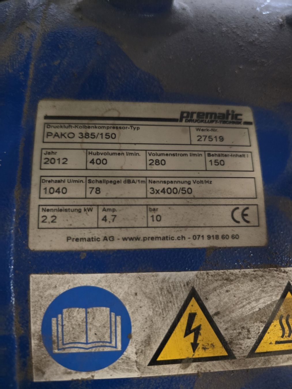 Compresseurs: Kompressor Prematic PAkO 385/150 NP 2'200.-  – D'occasion à Rorschach par TimelessTrading 2