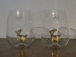 Zwei mundgeblasene Gläser mit Bambi in der Mitte neu