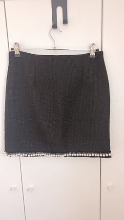 Black Tweed Mini Skirt with Pearl Trim, Size M/L, 100%cotton