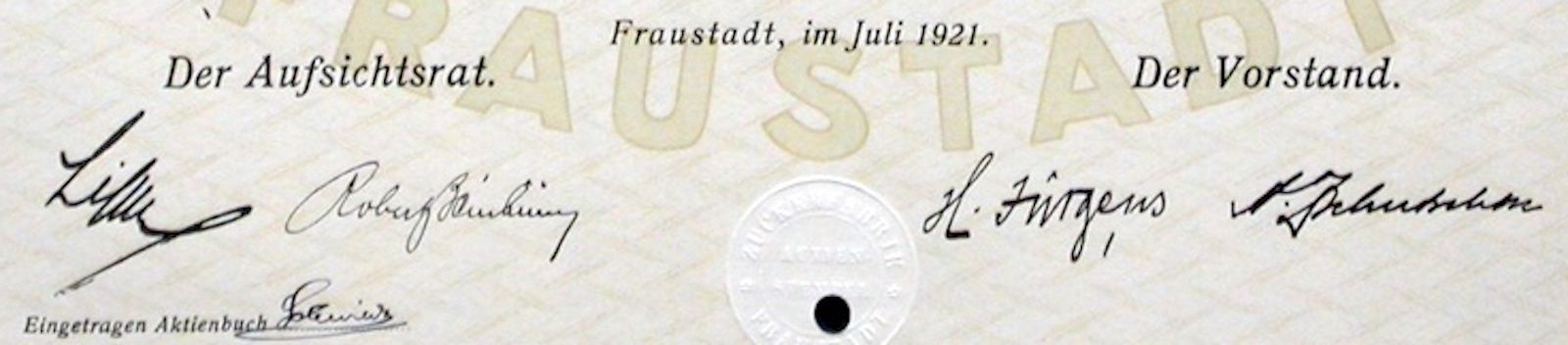 Documenti: Zuckerfabrik Fraustadt - 1921 – Usato da Solothurn venduto da Sgasche 1