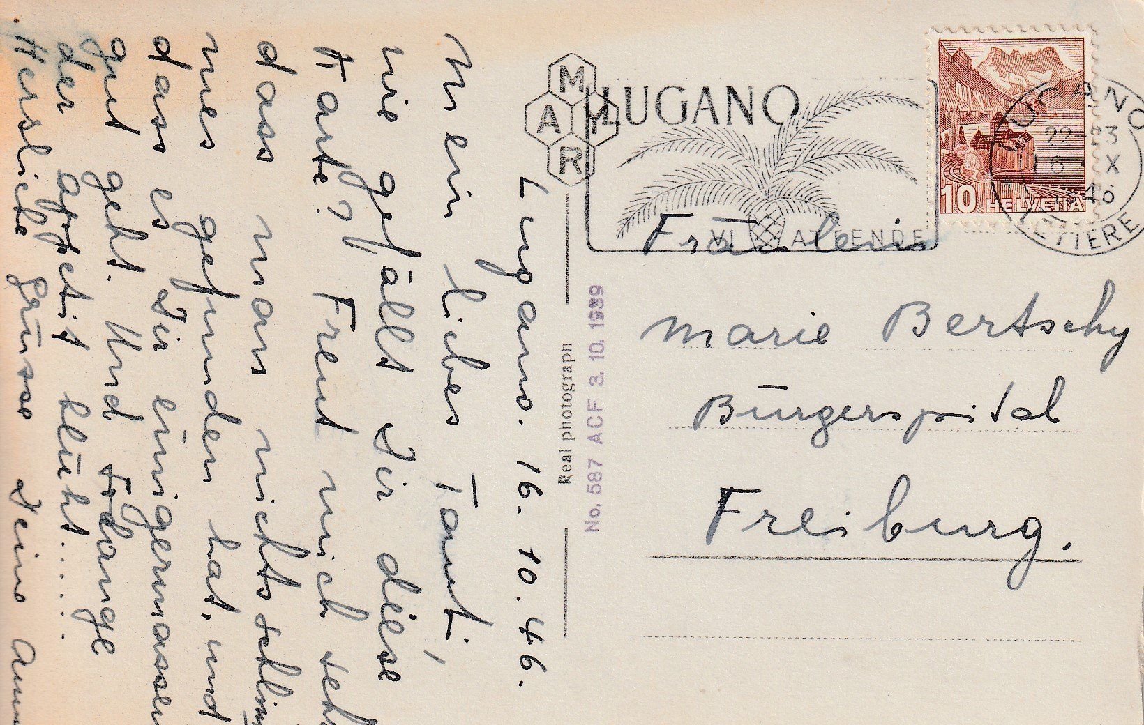 Cartoline postali: AK Lugano gel. 16.10.1946 – Usato da Fribourg venduto da schnalla92 1