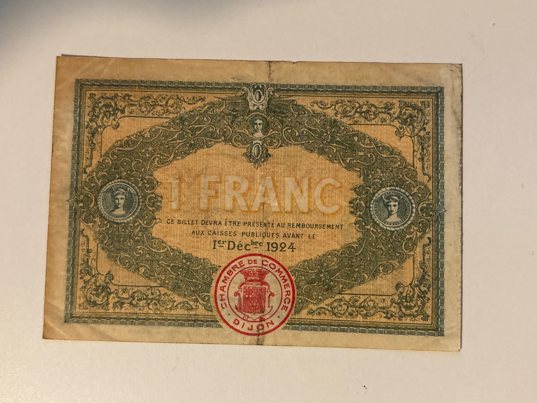 Banconote: Alte 1 Franc Note, Chambre de Commerce Dijon, 1919! – Usato da Zürich venduto da b.fabio 1