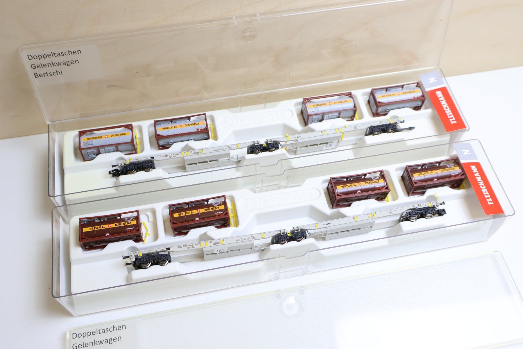 Fleischmann Modellini di ferrovie: Fleischmann 2 x SBB Doppel-Containerwagen - Bärtschi 8250 07 – Usato da Winterthur venduto da Monstera 2