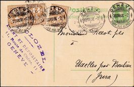 1908: 5 Cts GS-PK, Zusatzfrankatur 3x Zifferm. Nr. 80, Genf