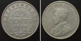 NEUFUNDLAND 25 Cents 1919 C, GEORGE V. Silber