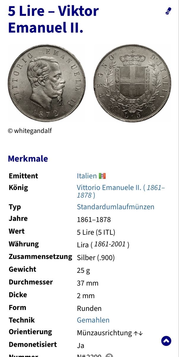 Tutti le monete: 5 Lire – Viktorio Emanuele 1875 – Usato da Embrach venduto da mays 2