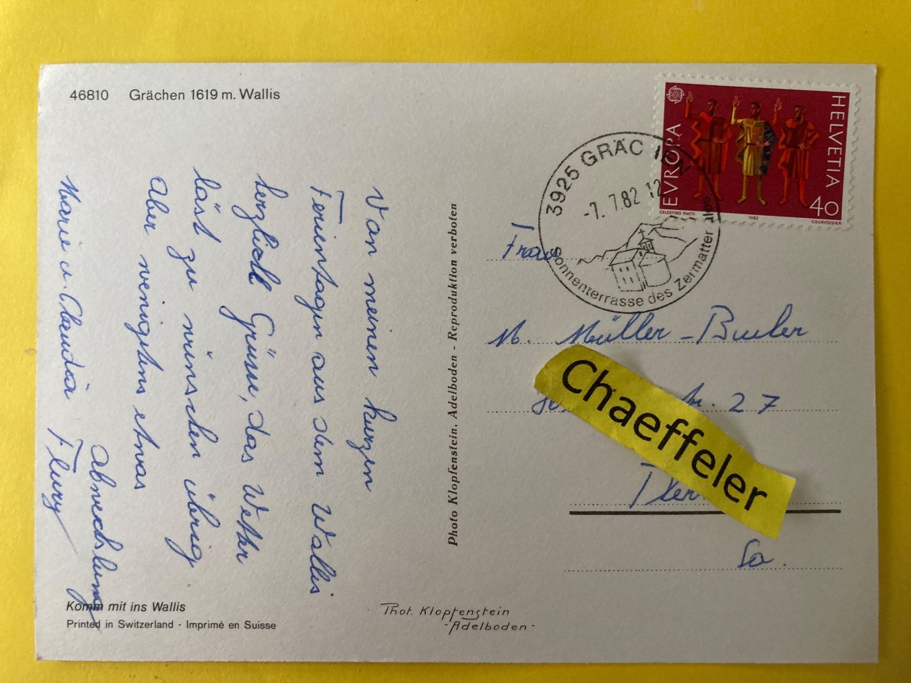 Ansichtskarten: 1982 Grächen  Wallis – Gebraucht aus Zürich von Chaeffeler 1