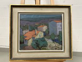 Gemälde C. Brunner 1957 Landschaft mit Häusern Öl auf Leinwa