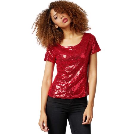 Pailletten-Kurzarm-Shirt Bordeaux S