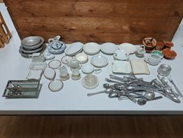 altes Puppengeschirr Porzelan, Ton und Alubesteck