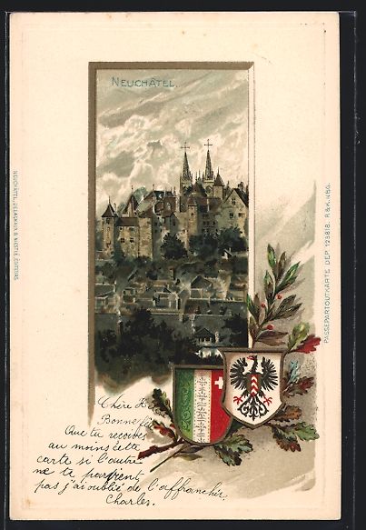 Cartes postales: Litho Neuchâtel, Ortsansicht mit Wappen – D'occasion à Berlin par bartko-reher