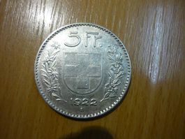 Seltene Schweizer 5 Franken Münze von 1922