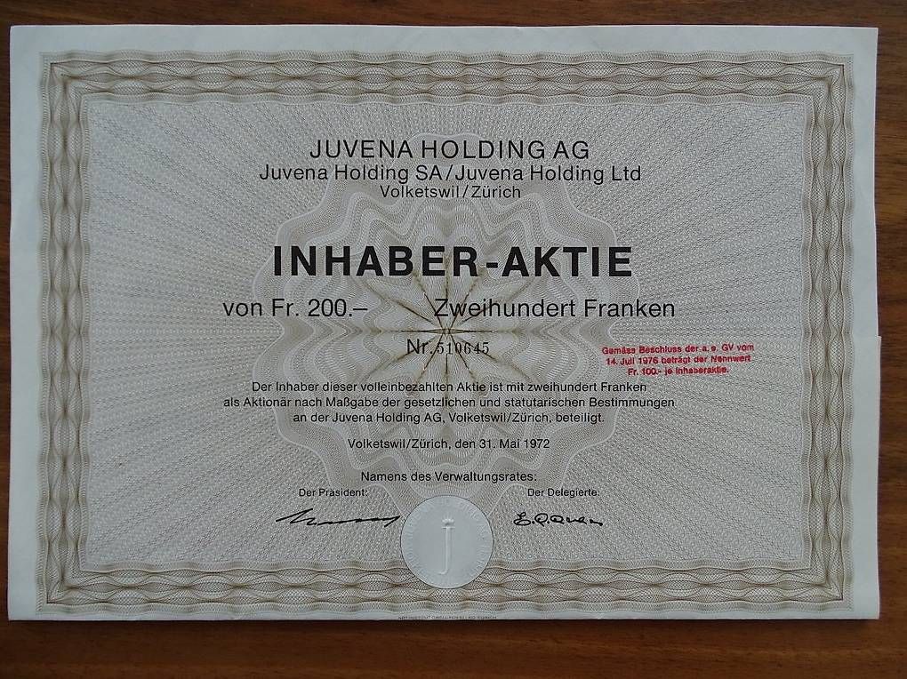 Dokumente: Inh. Aktie Juvena Holding AG – Gebraucht aus Schwyz von schwyzch