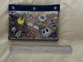 Pencil case blue with glitter and patches new condition