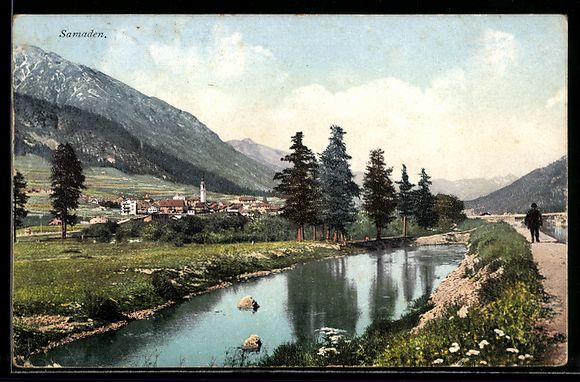 Cartes postales: Samaden, Blick auf den Ort mit Flüssche – D'occasion à Berlin par bartko-reher