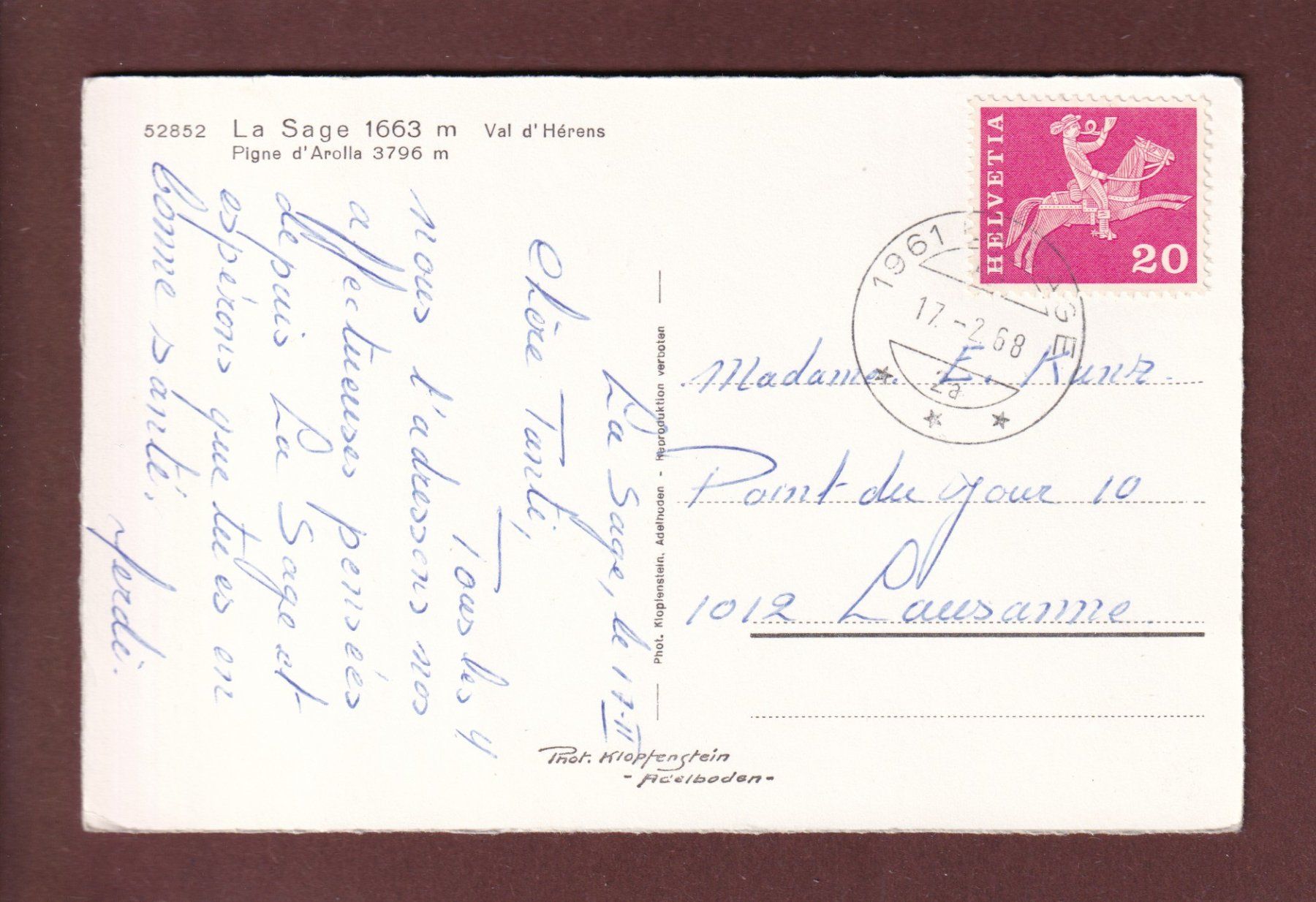 Cartoline postali: LA SAGE - Val d'Hérens - 1968 – Usato da Pully venduto da nicecards 1