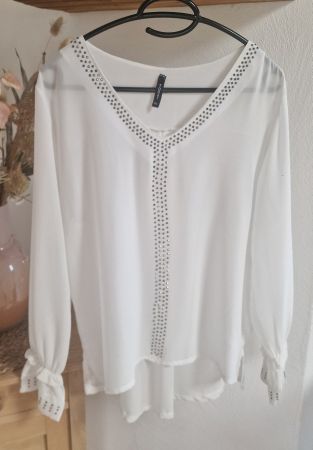 Weiss Bluse mit Strassbesatz, Grösse M/L, weiss
