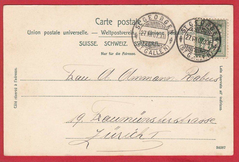 Cartoline postali: ST. GALLEN, TEILANSICHT 1907 – Usato da Grüningen venduto da Kartenlaube 1