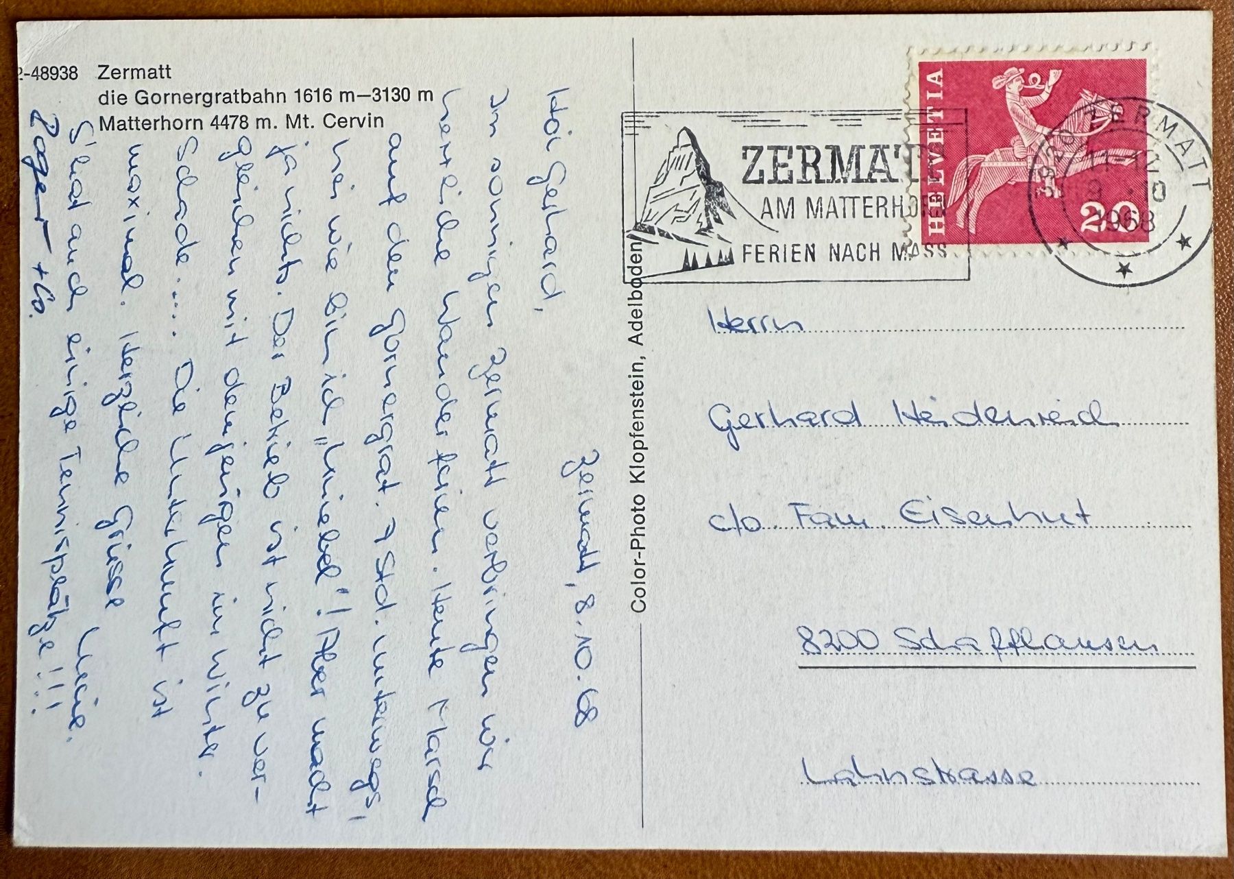 Cartoline postali: Zermatt - Gornergratbahn - Cervin 1968 – Usato da Lutry venduto da Ediego 1