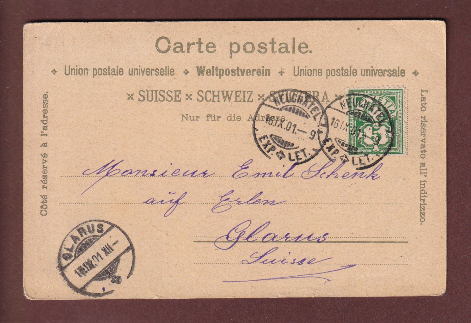 Cartoline postali: Souvenir de NEUCHÂTEL - 1901 Litho // plis d'angle // – Usato da Pully venduto da nicecards 1