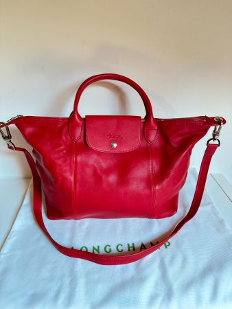 Sac Longchamp "Le Pliage Cuir" - Rouge Cerise - Neuf