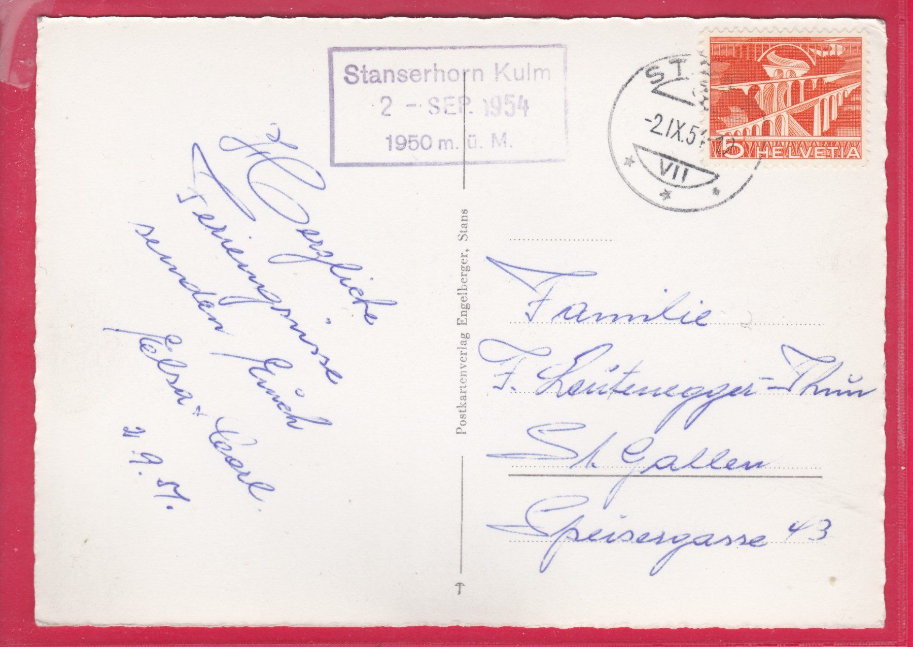 Cartoline postali: STANSERHORN MIT UNTERWALDNERALPEN, 2.9.1954 – Usato da Oberrieden venduto da Gebirgsstelze 1