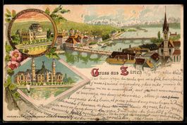 Lithographie Zürich, Ortsansicht mit Fluss, Brücken und Kirc