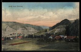 AK Steinen, Ortsansicht im Tal mit Hügeln