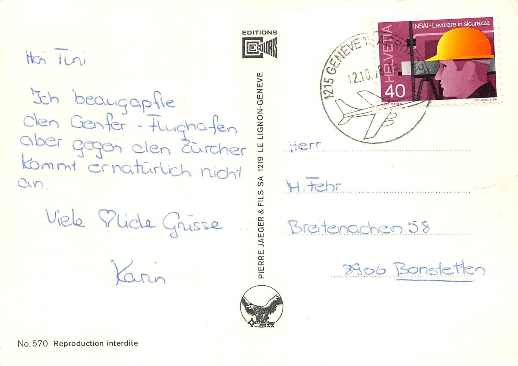 Cartoline postali: Flughafen Genf Cointrin, Swissair – Usato da Ottikon b.Kemptth. venduto da Neptun1974 1