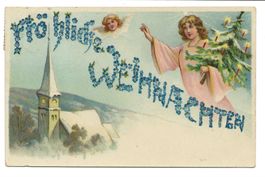 Fröhliche Weihnachten - Engel bringt Christbaum - Litho 1914