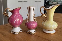 3 Vintage Ziervasen / Krüge Keramik mit Golddekor, Set