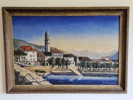 Ölgemälde E. Müller 1940 Dorfansicht am See mit Bergen