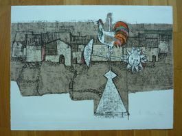 R. Mirer, Litho  "Dorfplatz mit Hahn" 1979,  Fr. 1'130.--