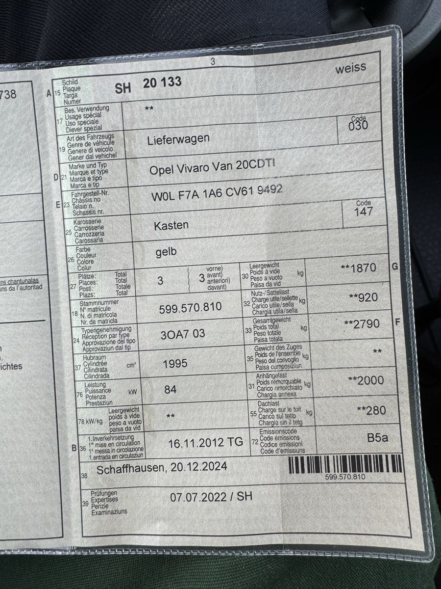Opel Veicoli commerciali: Opel Vivaro, 2012, gelb, mit Sortimo – Usato da Schaffhausen venduto da Schutzeng8 7