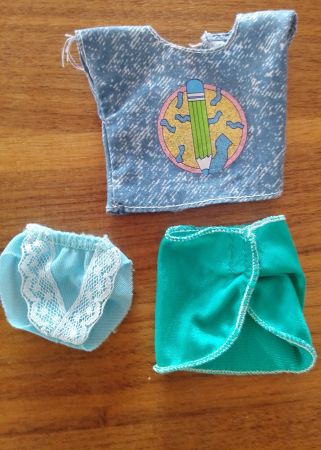 Barbie Dress türkis Wickelrock, Jeans Shirt vintage, Slip
