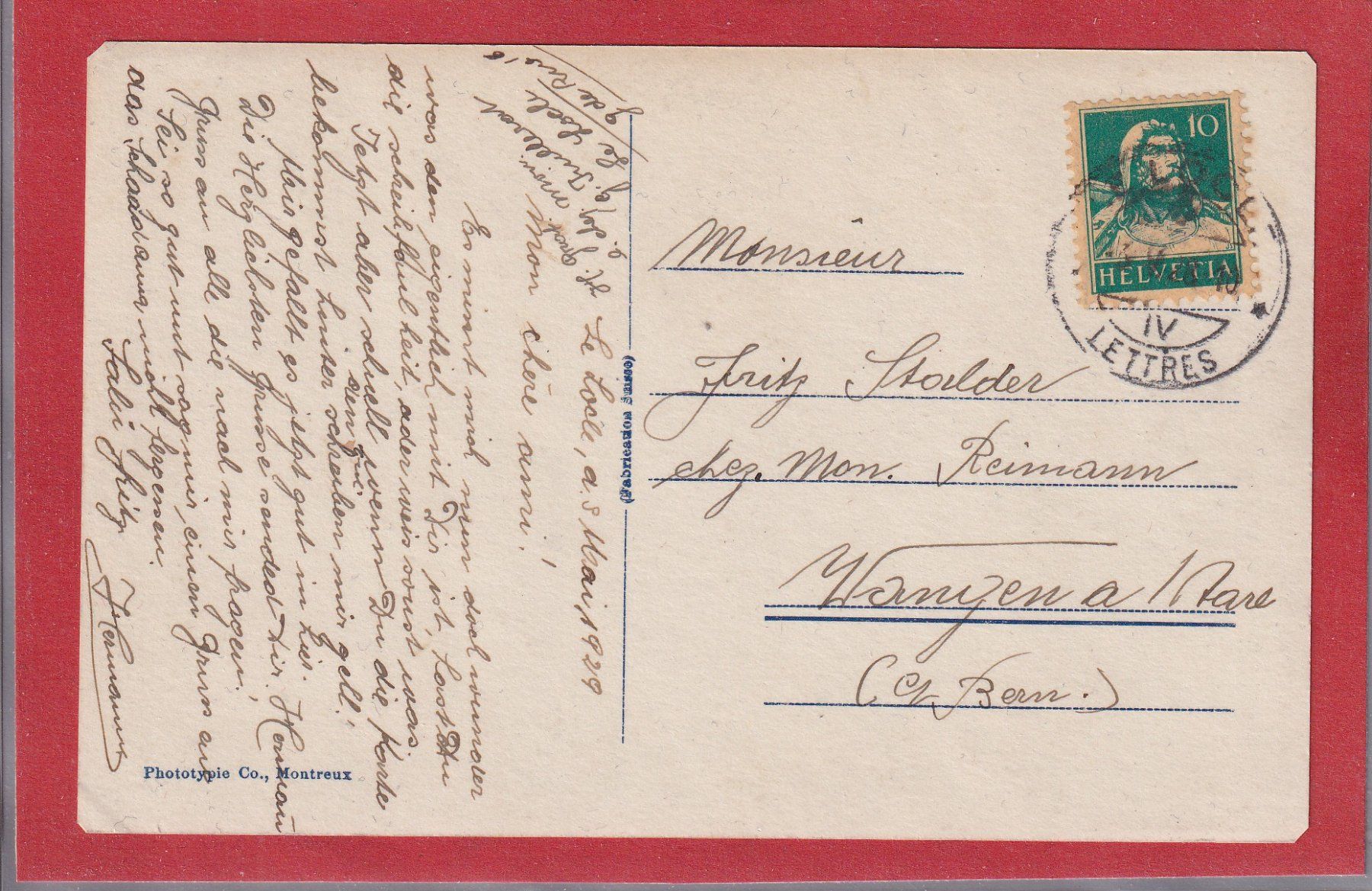 Cartoline postali: Le Locle - Vue générale - 1929 – Usato da Orvin venduto da Pyaeschli 1