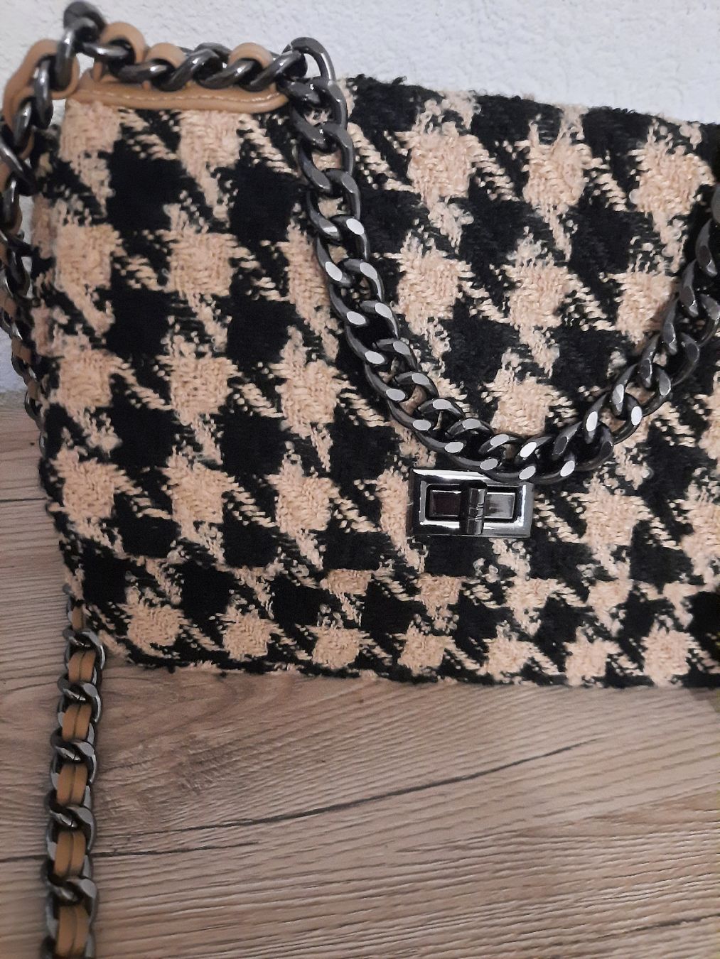 Sac à Main Vintage Années 60 Motif Pied-de-poule Marron - Anse Plastique - Occasion - Style Rétro Italien