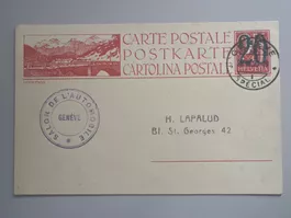 1925 Postkarte 20Rp (25Rp.) rot Offen Pass Autosalon Genf