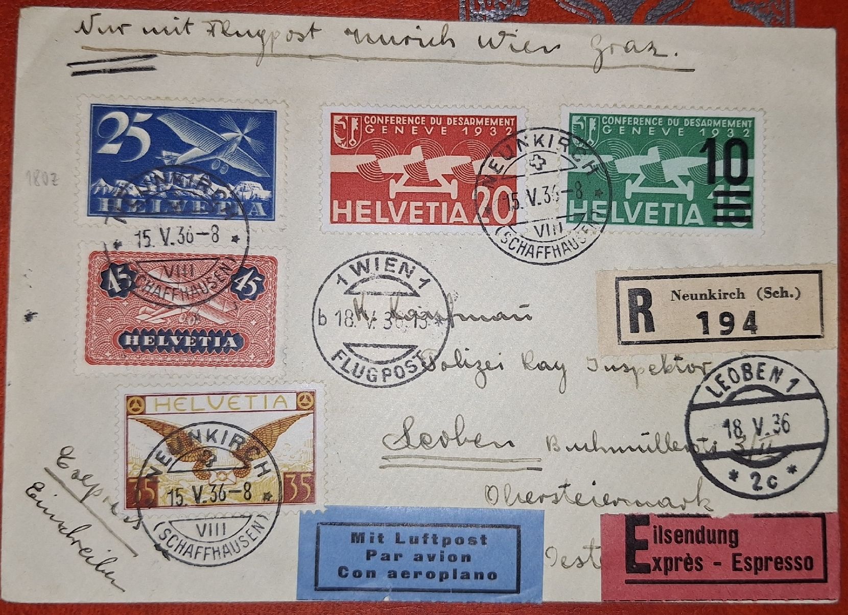 Tutti i francobolli: Flugbrief Zürich - Wien - Graz  – Usato da Balgach venduto da SIMEON27
