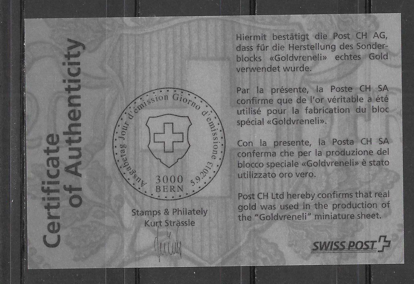 Tutti i francobolli: Sonderblock 1471 Goldvreneli ** 5.9.2013 – Nuovo (secondo la descrizione) da Olten venduto da clotaldi 1